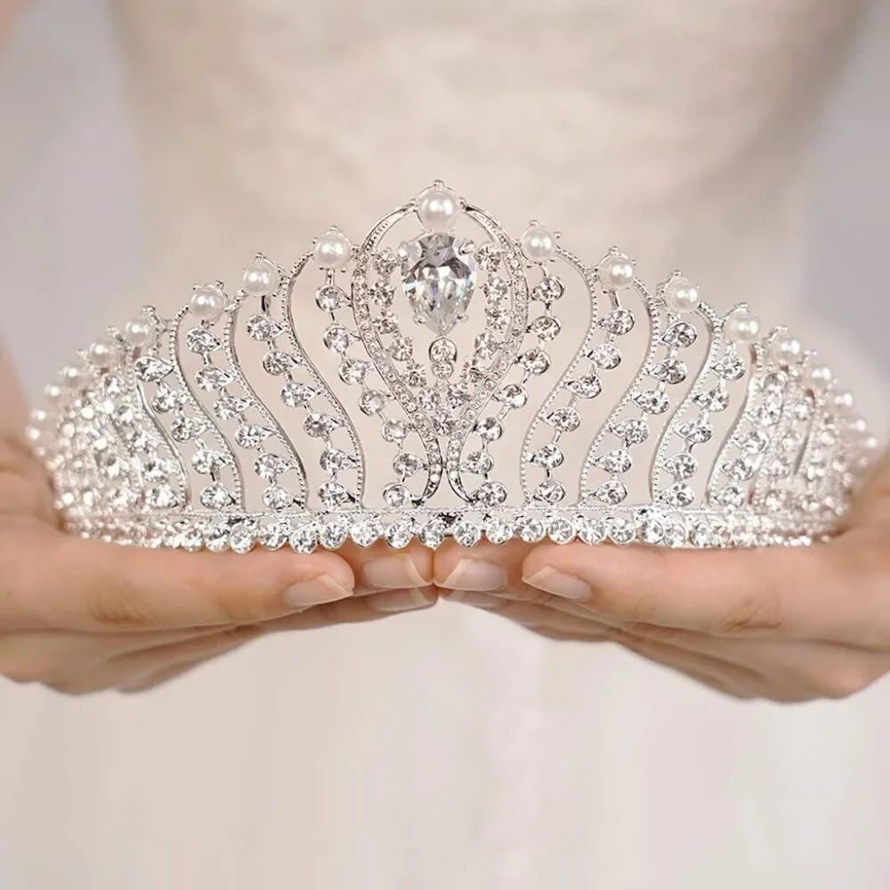 Silver Pearl Crystal Crown Rhinestone Tiara for Women Wedding Parties